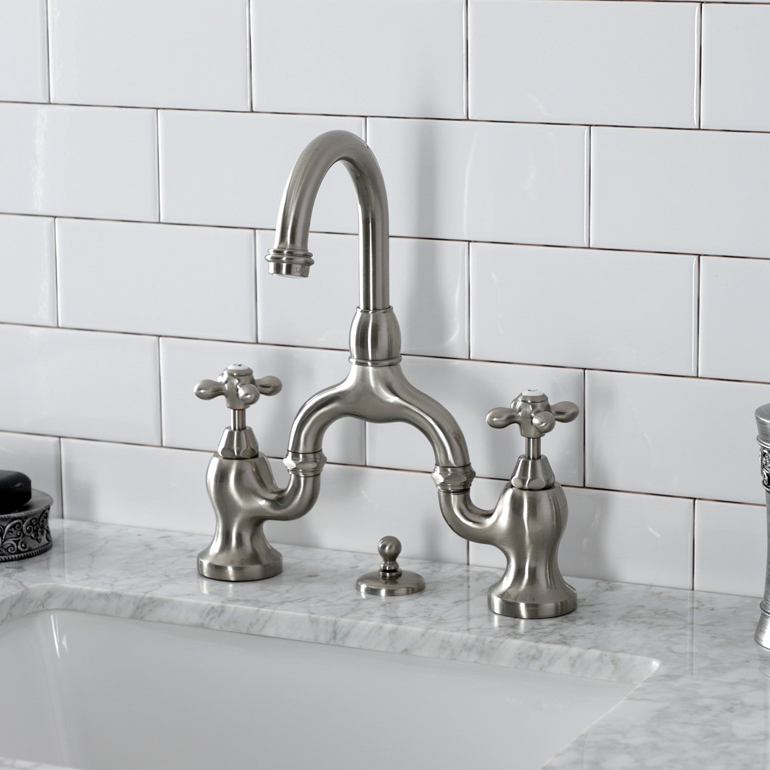 Kingston Heirloom KS7998AX - English Country Two-Handle 3-Hole Deck Mount Bridge Bathroom Faucet with Brass Pop-Up, Brushed Nickel — thumbnail 2